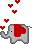 pixel elephant with heart ears and hearts coming out of its trunk in grey and red