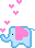 pixel elephant with heart ears and hearts coming out of its trunk in light blue and pink