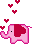 pixel elephant with heart ears and hearts coming out of its trunk in pink and red