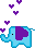 pixel elephant with heart ears and hearts coming out of its trunk in blue and purple