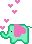 pixel elephant with heart ears and hearts coming out of its trunk in green and pink
